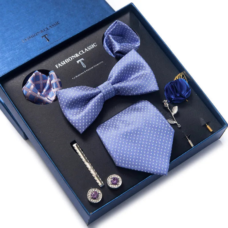 Men's 8-piece rayon jacquard bow tie set, heart shape arrow style, monochrome pattern, 146cm length