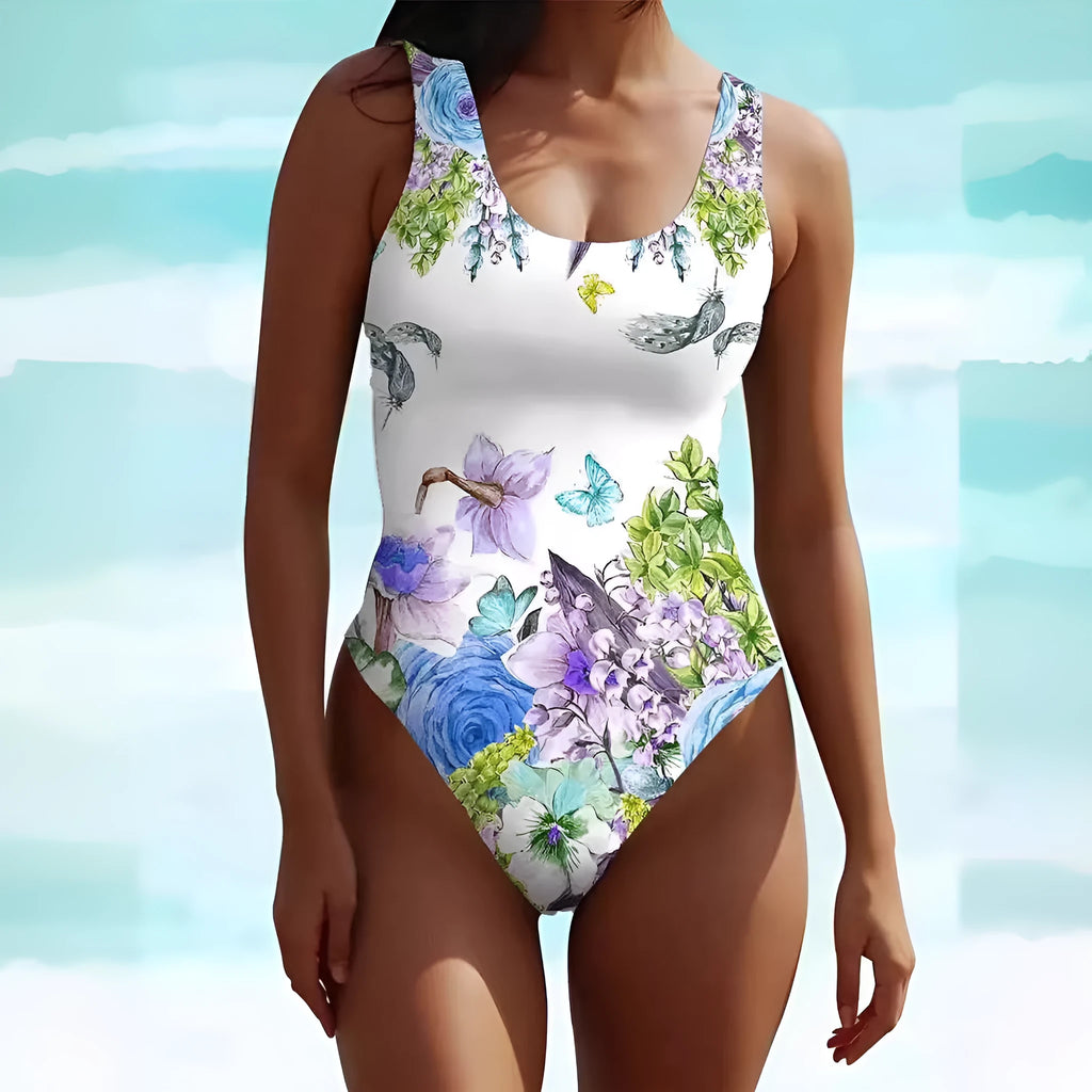 Women's sleeveless bohemian style swimsuit dress in spandex fabric with artistic retro patterning