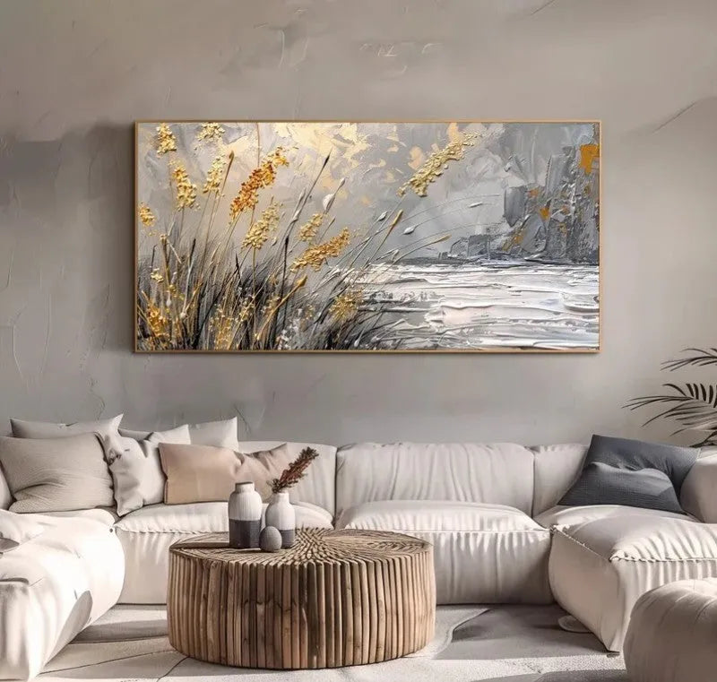 Hand painted abstract landscape oil painting lake reed beds horizontal canvas contemporary wall art