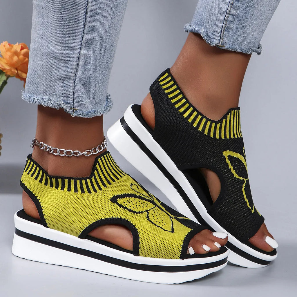 Summer butterfly print sports sandals for women with fabric upper and rubber sole in blue