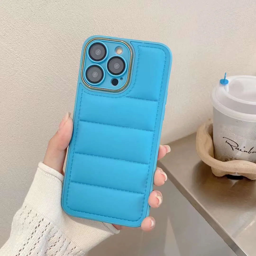 Cotton filled down jacket phone case for Apple iPhone in imitation leather for fall prevention, multiple colours