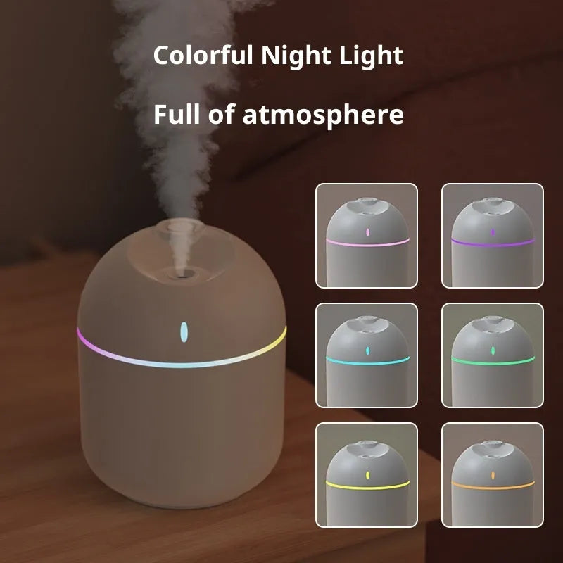 USB mini humidifier with colour light and water drop design in white plastic