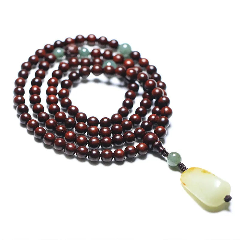 Rosewood beaded bracelet with 108 6mm beads and carved Hotian jade pendant centrepiece