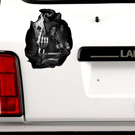 Black spades ace skull car sticker, PET reflective, 16cm by 13cm body decal