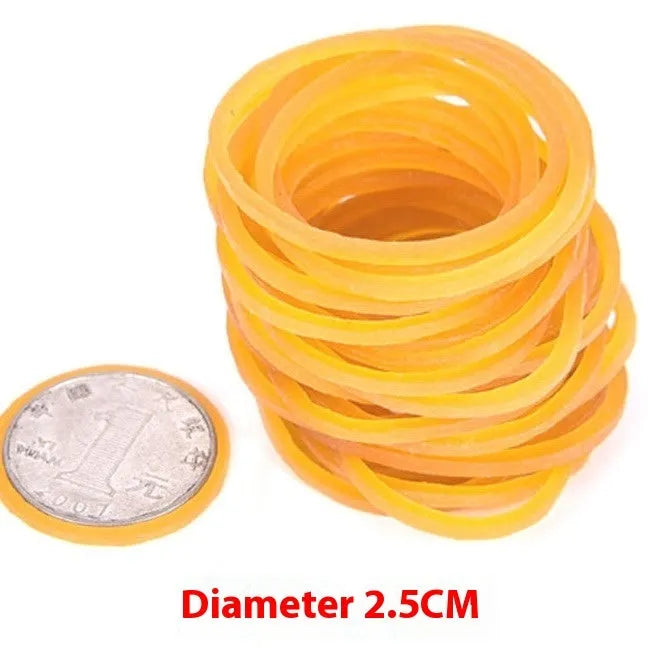 500g bulk pack of yellow rubber bands showing seven different diameters from 16mm to 70mm