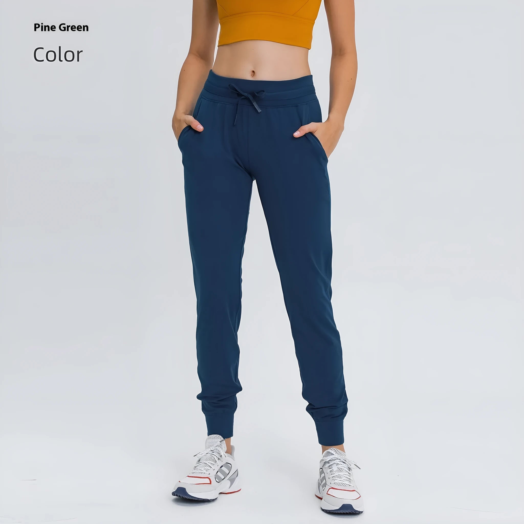 Women's high-waist yoga pants with drawstring waist in Belgian Blue colour