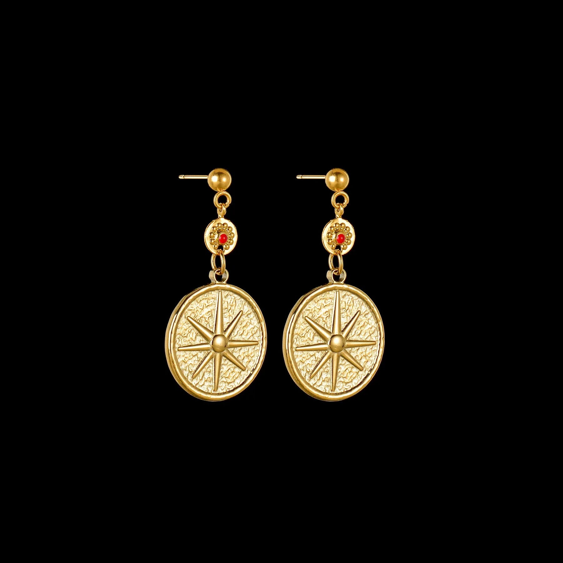 Stainless steel geometric earrings showing star, eye and shell sun design variations
