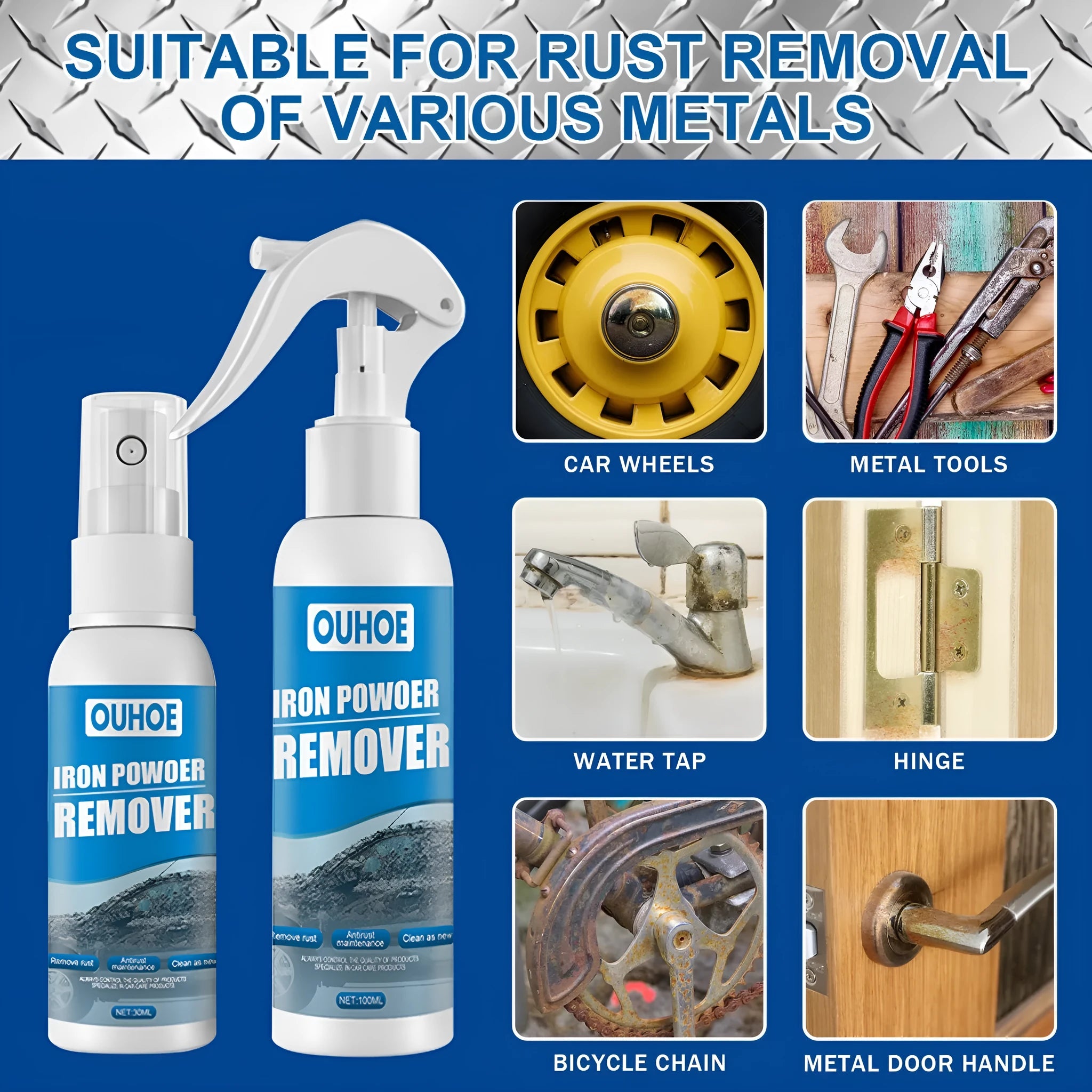 Automotive rust remover spray bottle with blue square sponge applicator for car surface treatment