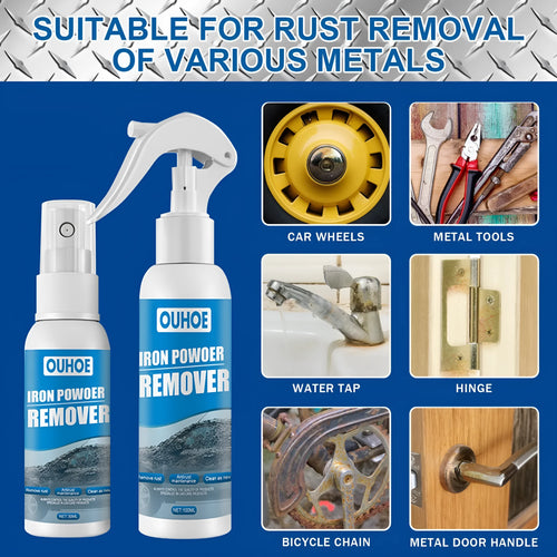 Automotive rust remover spray bottle with blue square sponge applicator for car surface treatment