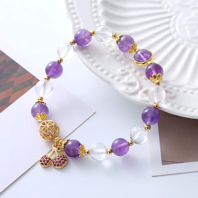 Purple crystal bracelet with micro-inlaid cherry blossom floral pattern, handcrafted women's jewellery