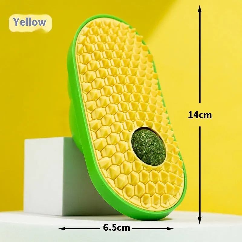 Cat self-service scratching toy in 14x6.5cm ABS TPE material, shown in yellow