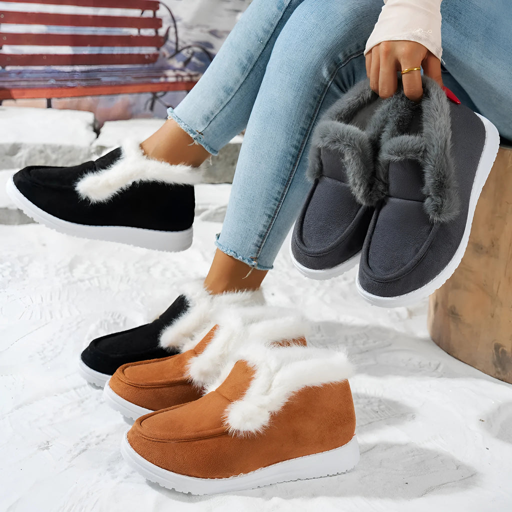 Women's cotton cloth non-slip thick warm boots with oversleeve design, available in black gray and dark brown