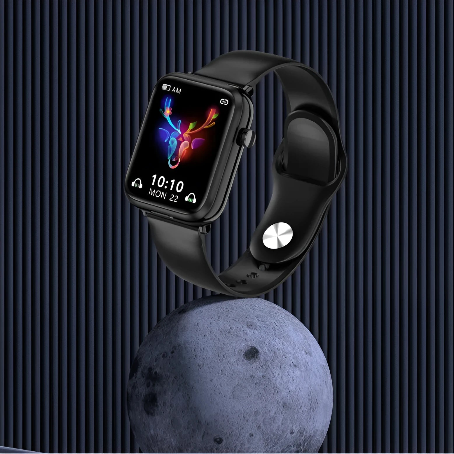 Black smartwatch with Bluetooth headset on wrist showing 1.69-inch touchscreen display.