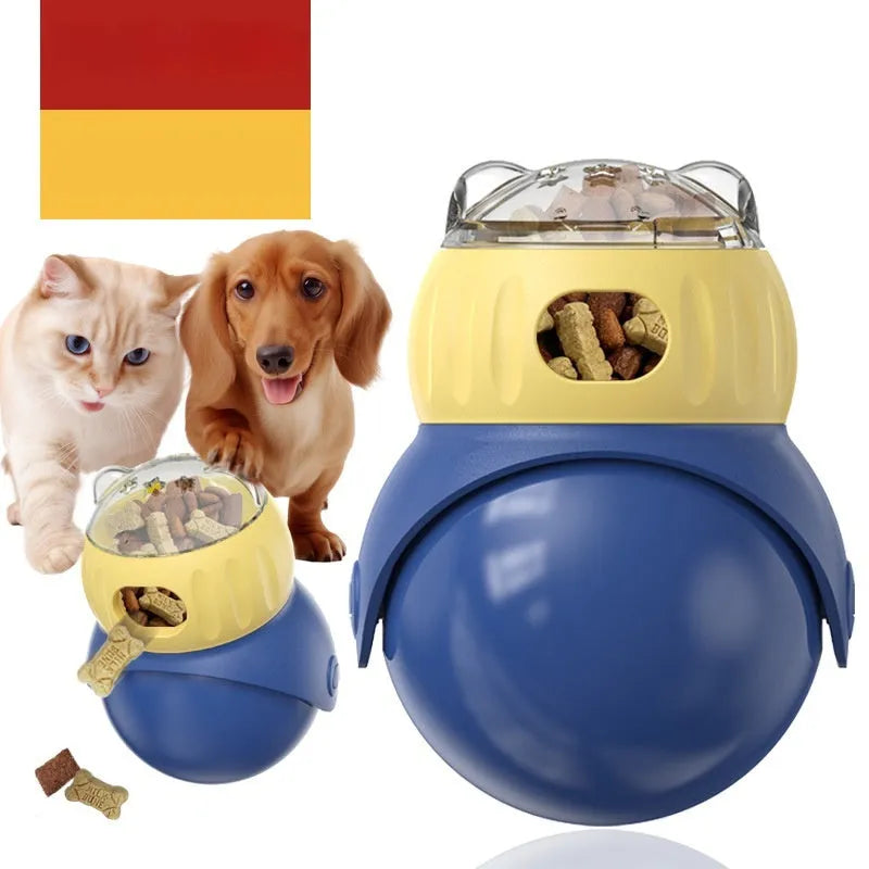 Morandi yellow and blue plastic tumbler owl puzzle cat toy for self-service feeding and mental stimulation.