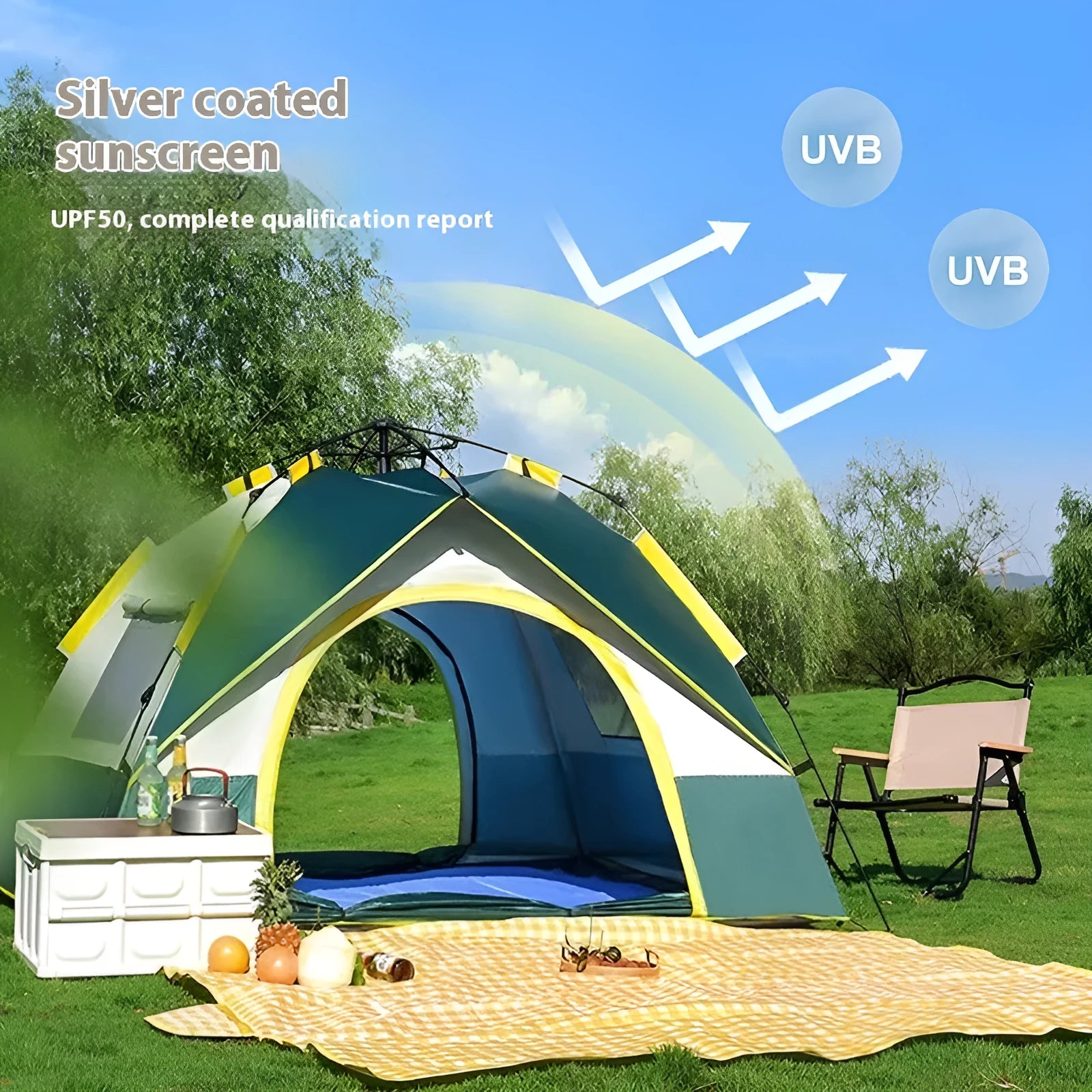 Dark green automatic quick-open camping tent for 3-4 people with waterproof construction