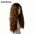 Women's long curly synthetic corn wig in 68cm length with adjustable button mesh, shown in black