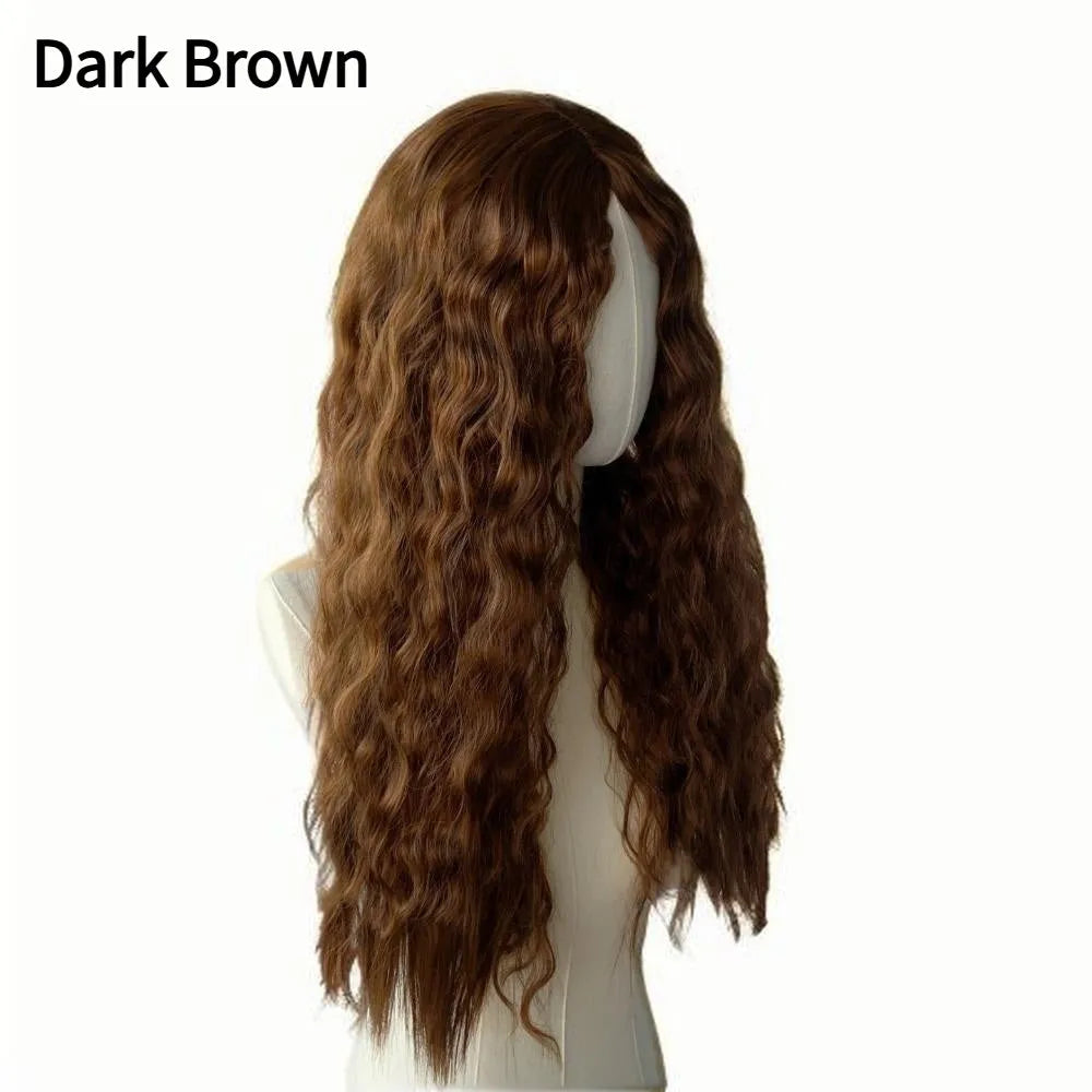 Women's long curly synthetic corn wig in 68cm length with adjustable button mesh, shown in black