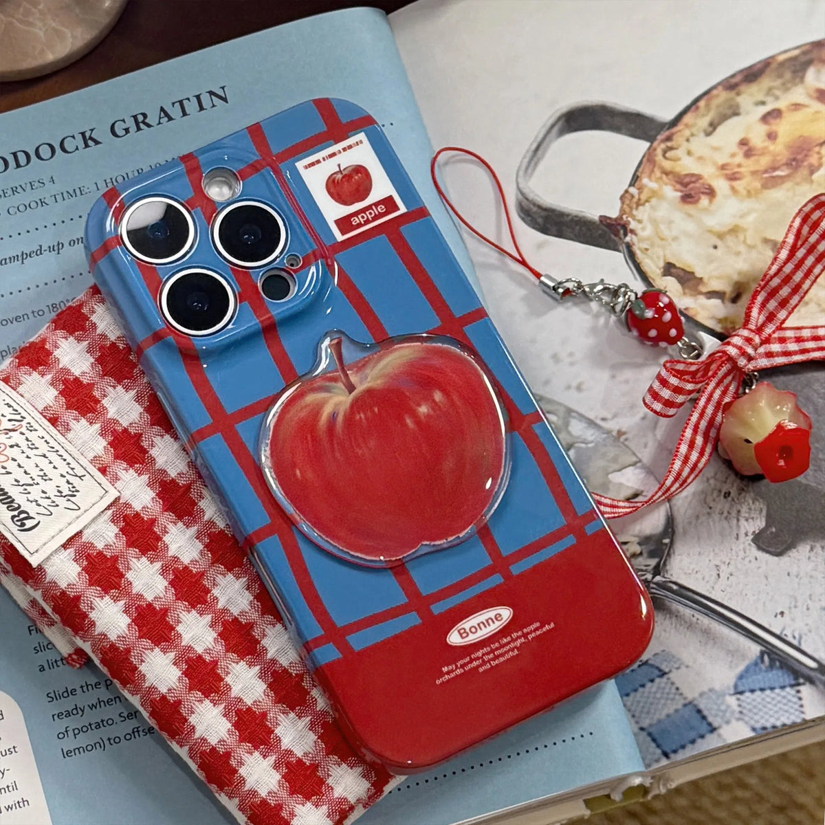 Color-block checkered 3D fruit print full-coverage phone case with little cat pendant for iPhone blue red grid