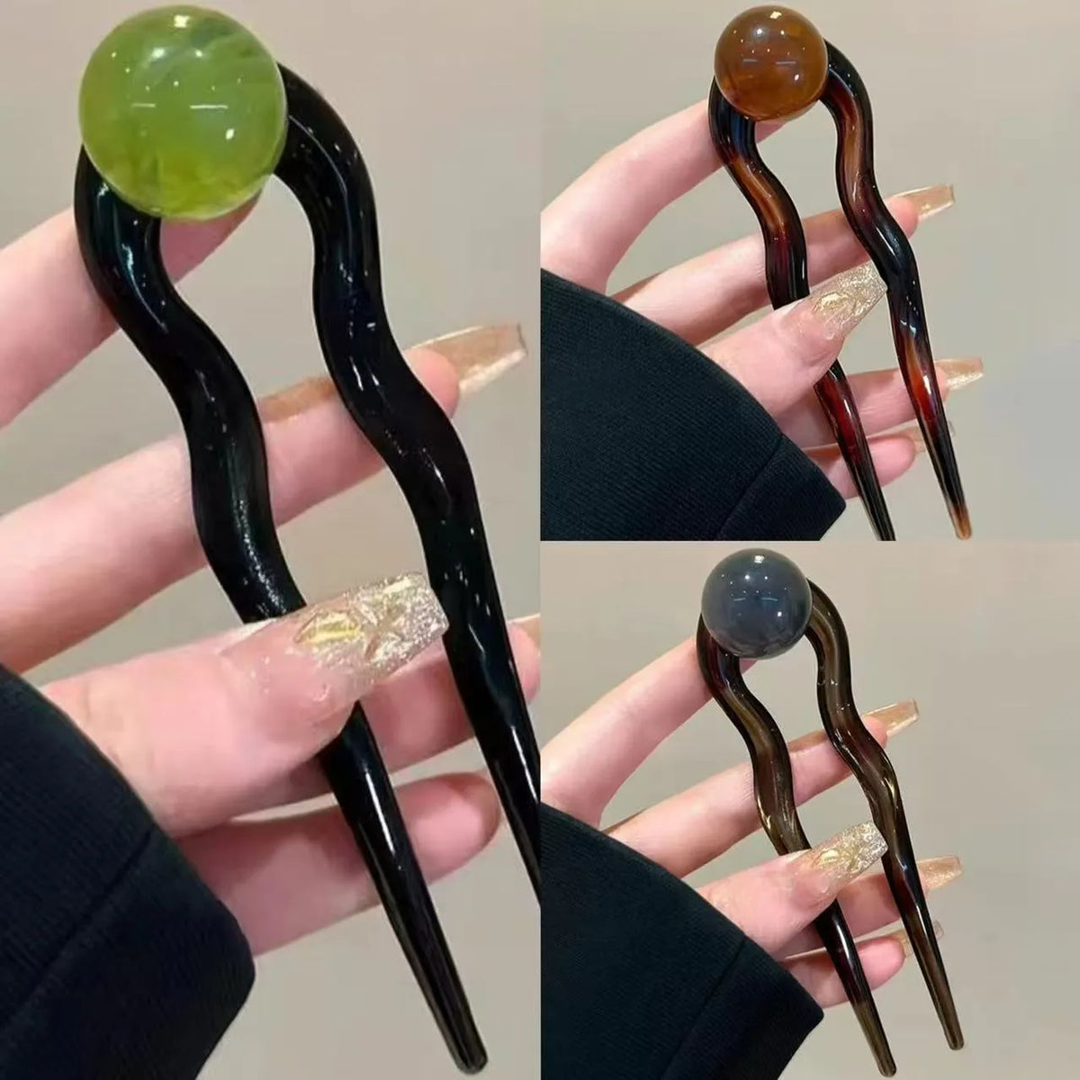 Simple U-shaped acrylic barrettes with ball retro design in beige, caramel, dark gray and green colours