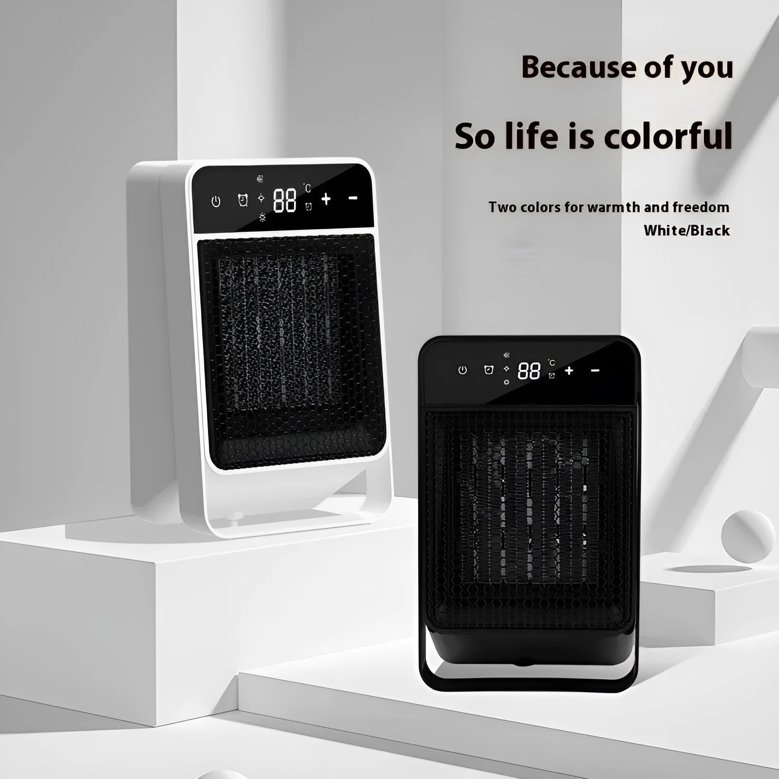 Black or white desktop electric heater with digital touch screen display and remote control on a wooden desk.