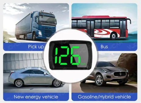 Universal HUD head-up display car speedometer with USB cable, non-slip mat, and ABS housing in white and green colour options