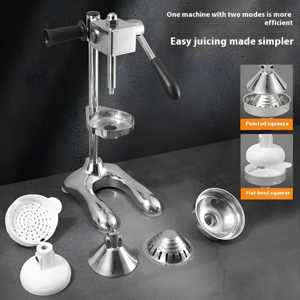 Vertical stainless steel manual citrus juicer shown in various colour and head style options.