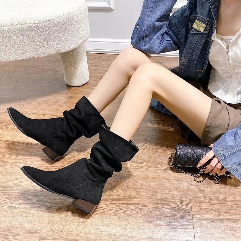 Women's pointed toe retro suede over-the-knee boots with low thick heel in black colour