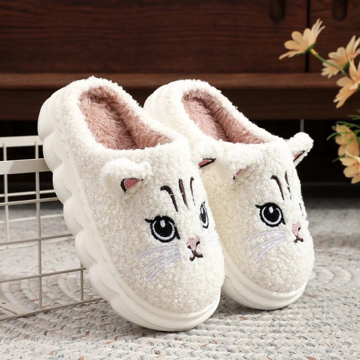 Cartoon cat fluffy slippers with plush upper and EVA sole in pink and gray colour options