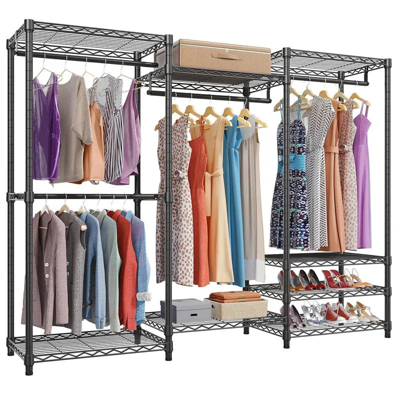 Black metal floor storage rack for hangers trousers and ties organisation 175x40x192cm dimensions
