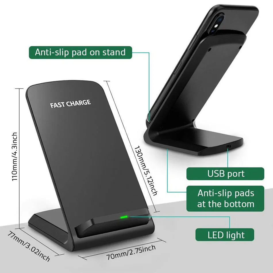 30W fast charging vertical wireless charger desktop stand for iPhone Android in black finish