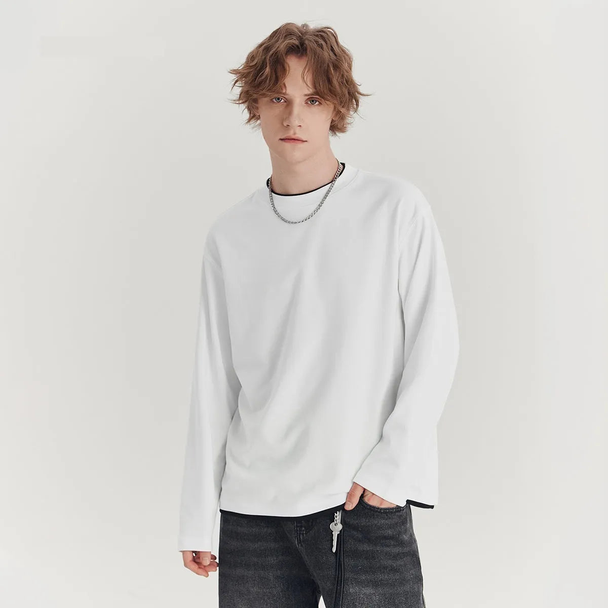 Men's loose fit long sleeve cotton blend t-shirt in melange grey colour