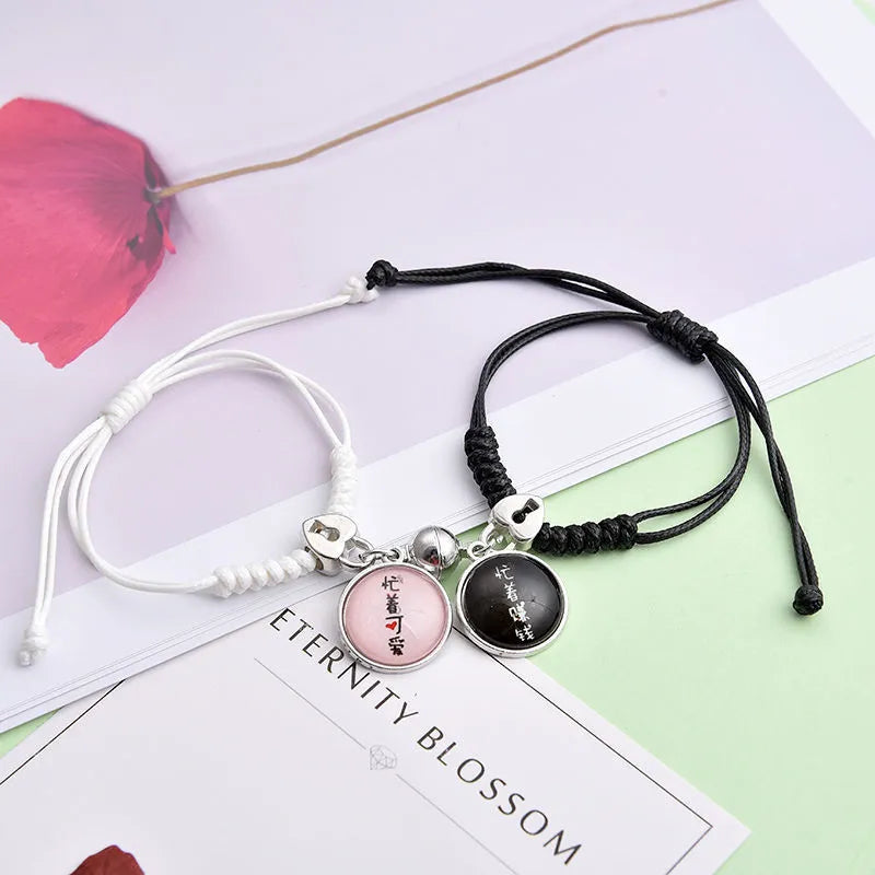 Magnet couple bracelets with electroplated finish showing magnetic clasp and symbolic design options