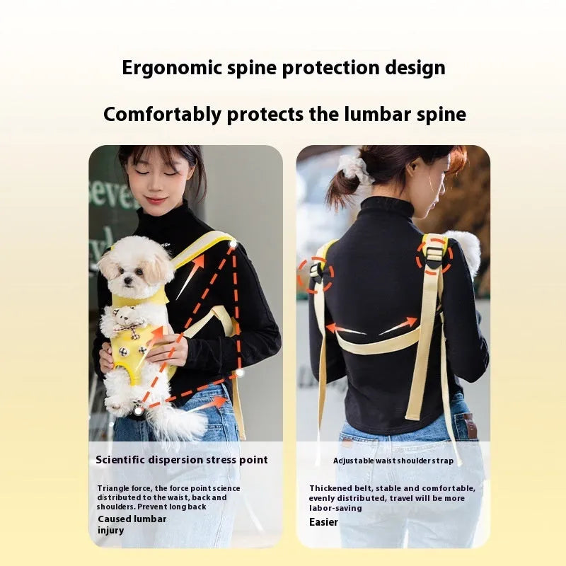 Cartoon canvas chest pet carrier bag in Beka yellow bear with ribbon trim, front view