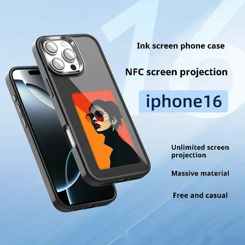 NFC four-colour E-ink screen AI projection phone case for iPhone, soft TPU composite board anti-fall cover in black with tulip design