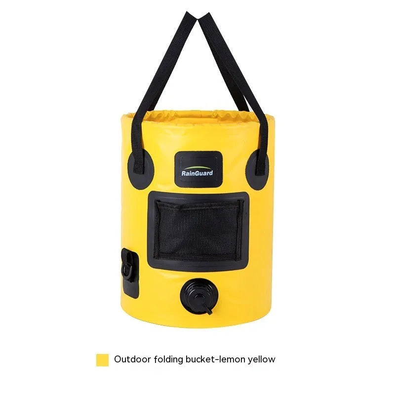 25-litre folding plastic outdoor fishing bucket shown in lemon yellow colour with optional built-in mesh net pocket