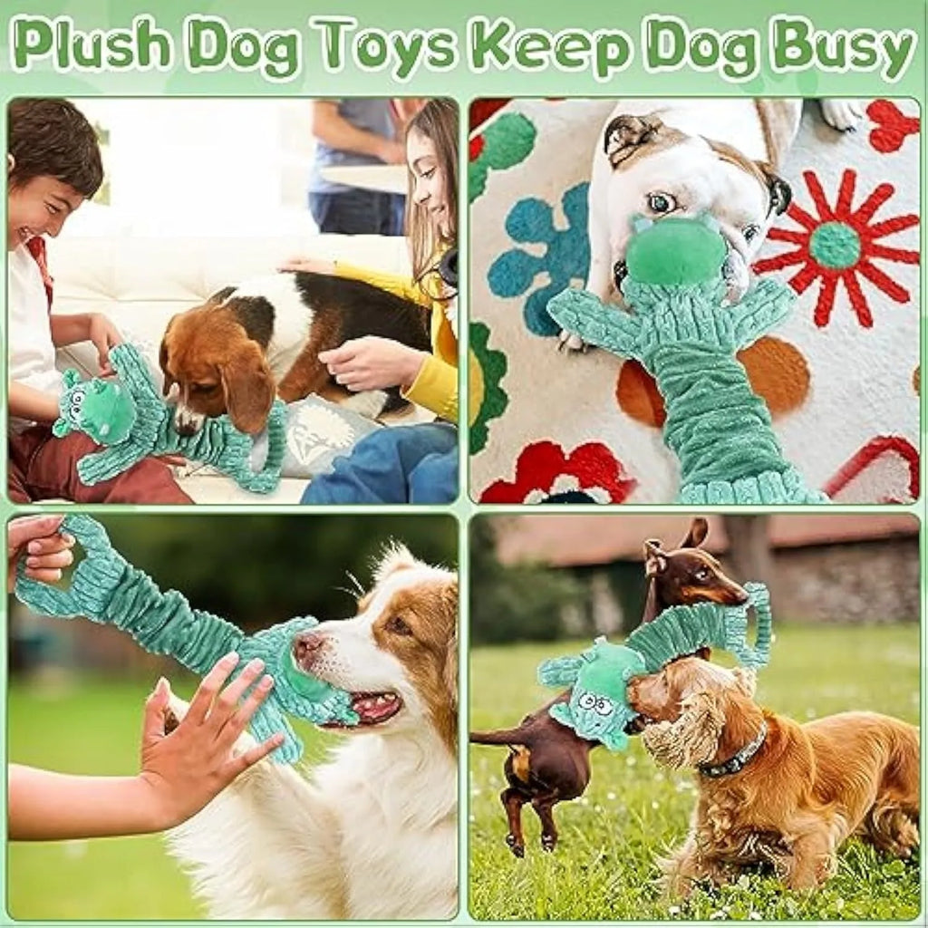 Large squeaky plush dog toy with handle and crinkle paper for interactive play