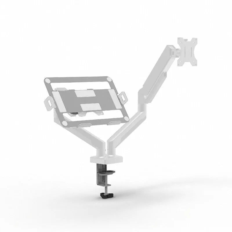 Black laptop mechanical arm bracket with lifting mechanism on a desk