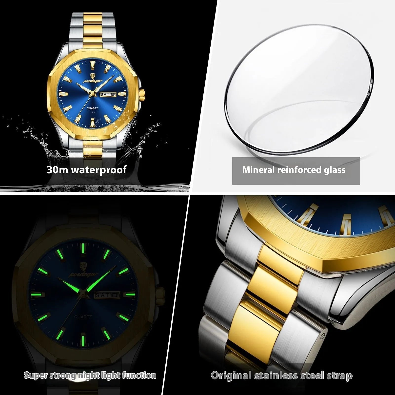 Men's steel strap quartz watch with 9mm case in gold and blue colour combination