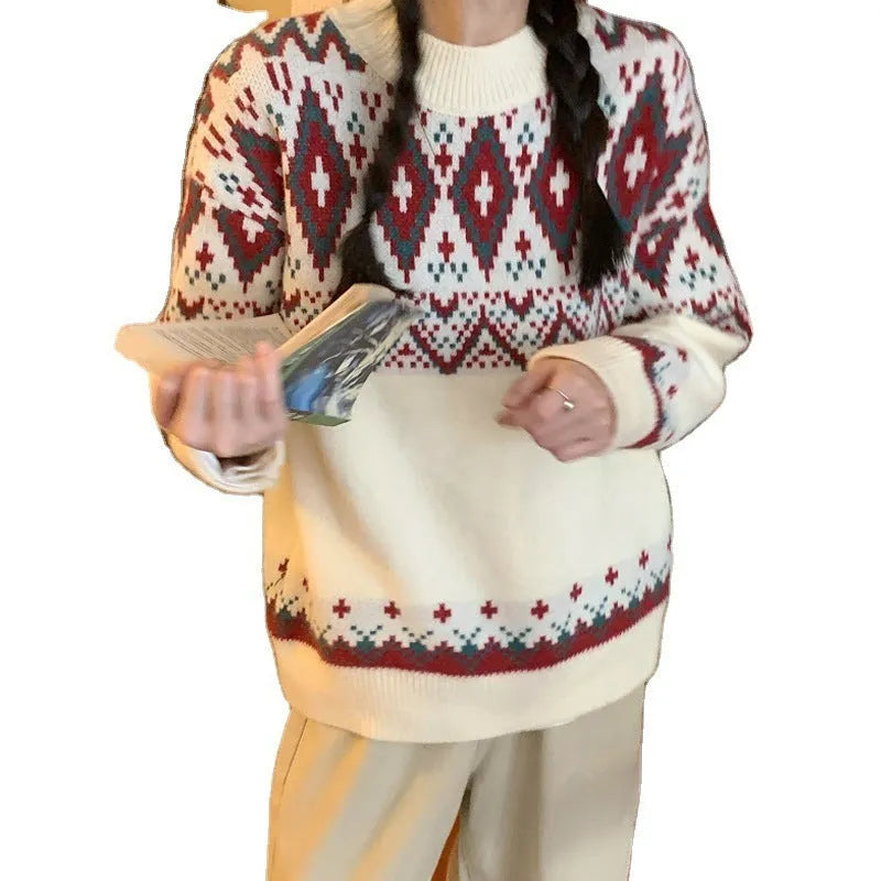 Striped loose retro pullover knitted top in polyester fibre with long sleeves