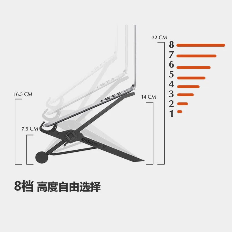 Sagacious black foldable laptop stand with enhanced nylon construction on desk