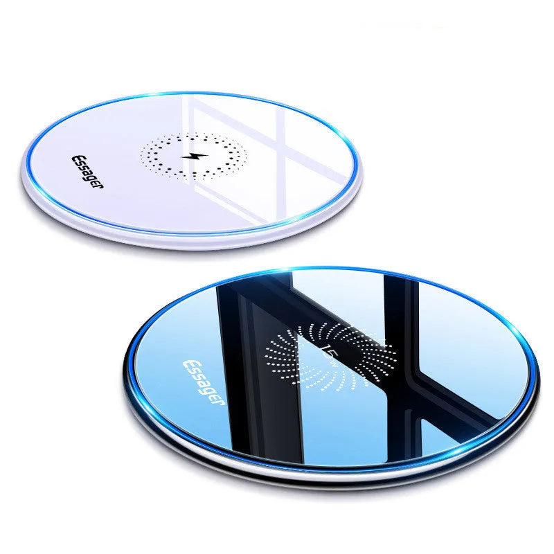 Round desktop wireless charger with mirror finish, acrylic and aluminium alloy body, black or white, 10W or 15W