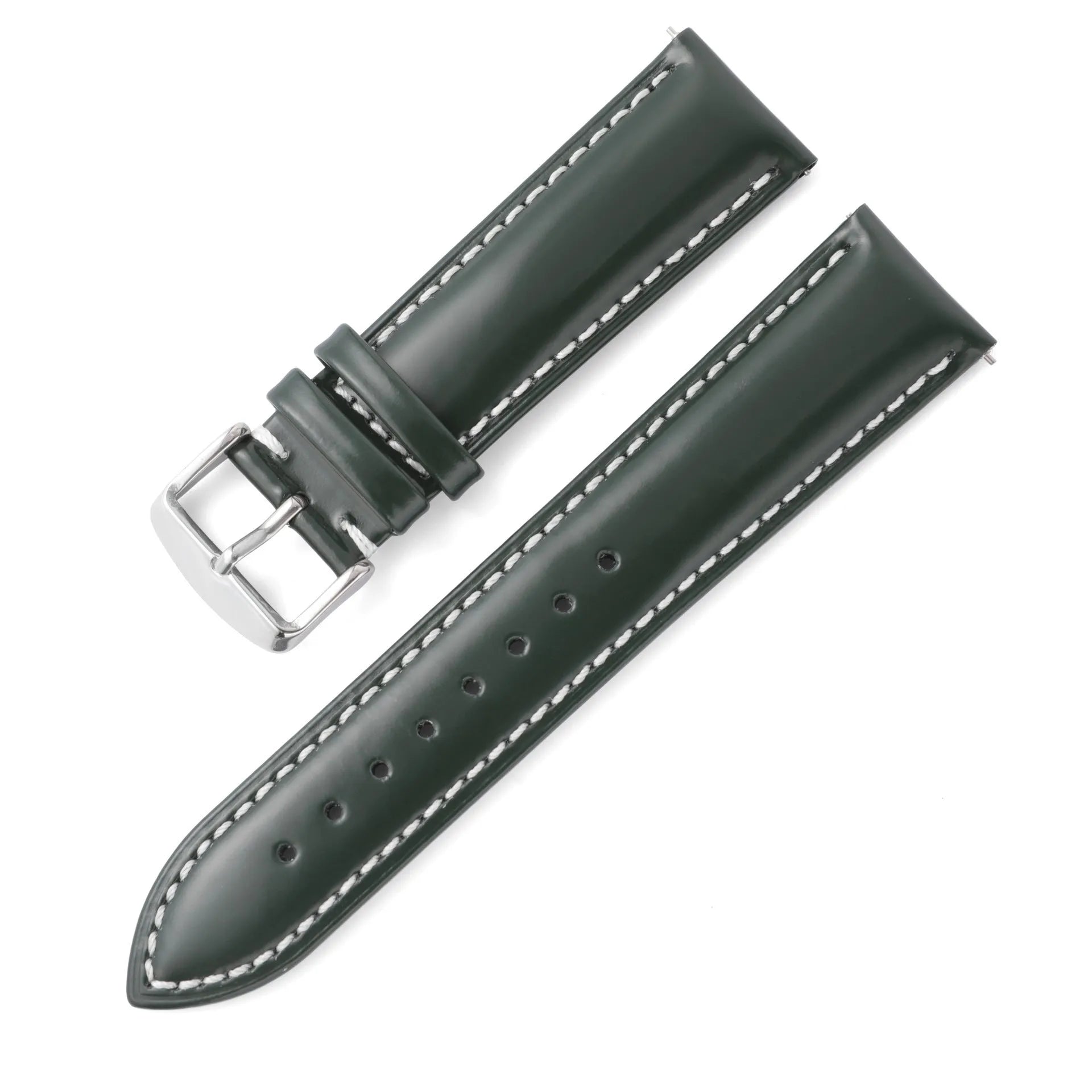 Quick release leather watch strap in bright cowhide, showing colour options and width sizes from 18mm to 22mm.