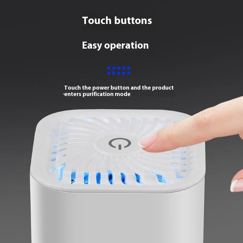 Compact USB air purifier in black or white for car and small space use
