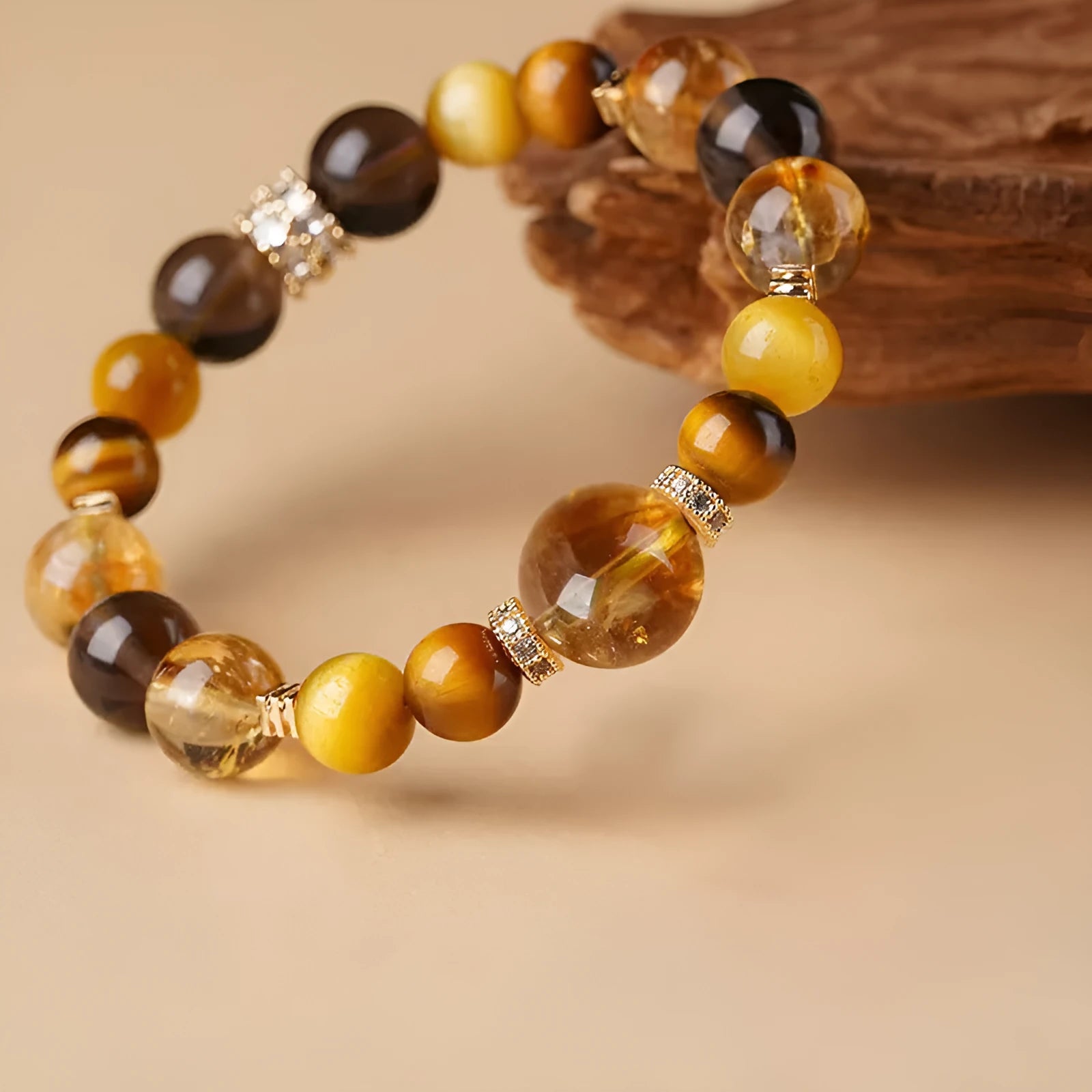 Natural yellow tiger-eye crystal bracelet with geometry pattern and lucky jinba design