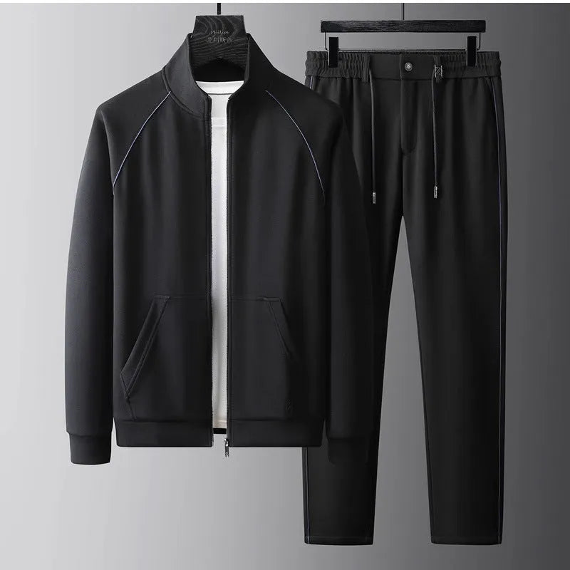 Men's slim fit stand collar casual sports suit two-piece set in black.