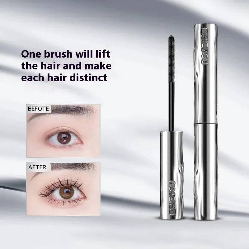 Waterproof steel tube mascara and eyelash curler in black and brown shades.