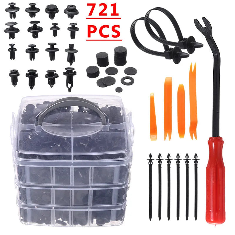 721 pieces automotive boxed buckle fastener kit with screwdriver, rocker, cable ties, gaskets in carton packaging
