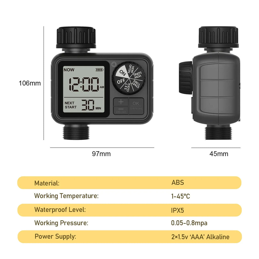 Single-out knob timing irrigator automatic watering device dual output black ABS plastic for garden irrigation