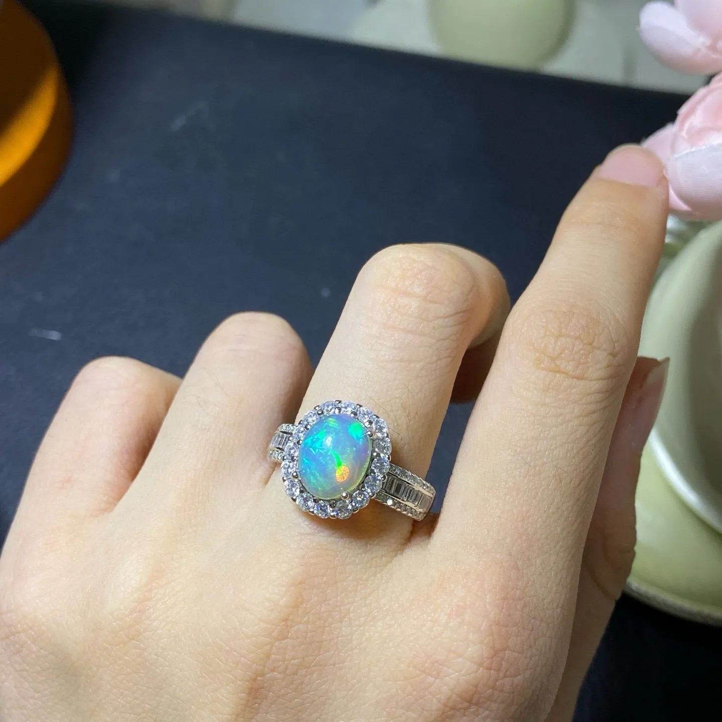 Natural opal opening silver ring in choice of platinum, rose gold or gold colour finishes
