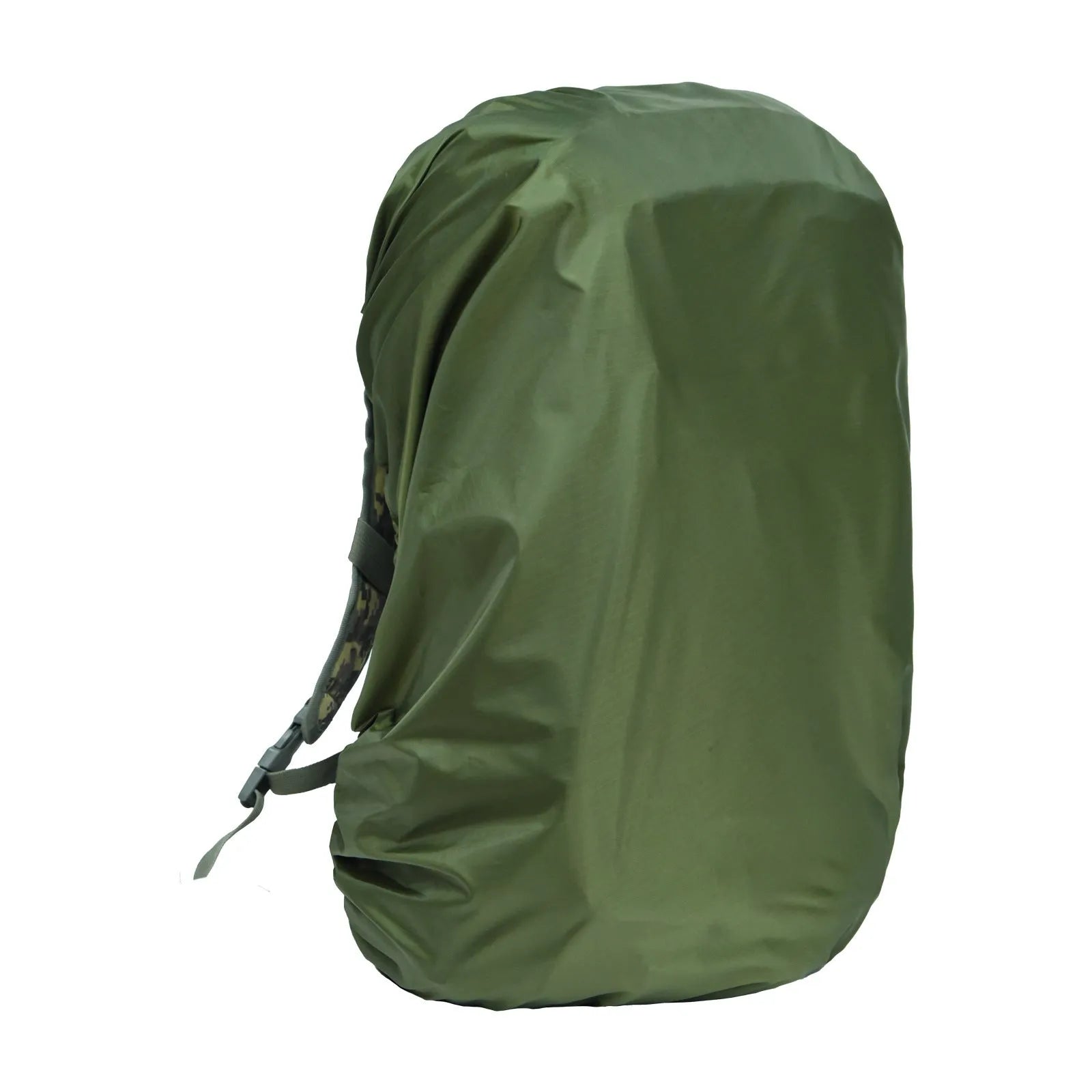 Army green waterproof backpack rain cover fitted over an 80L hiking rucksack.